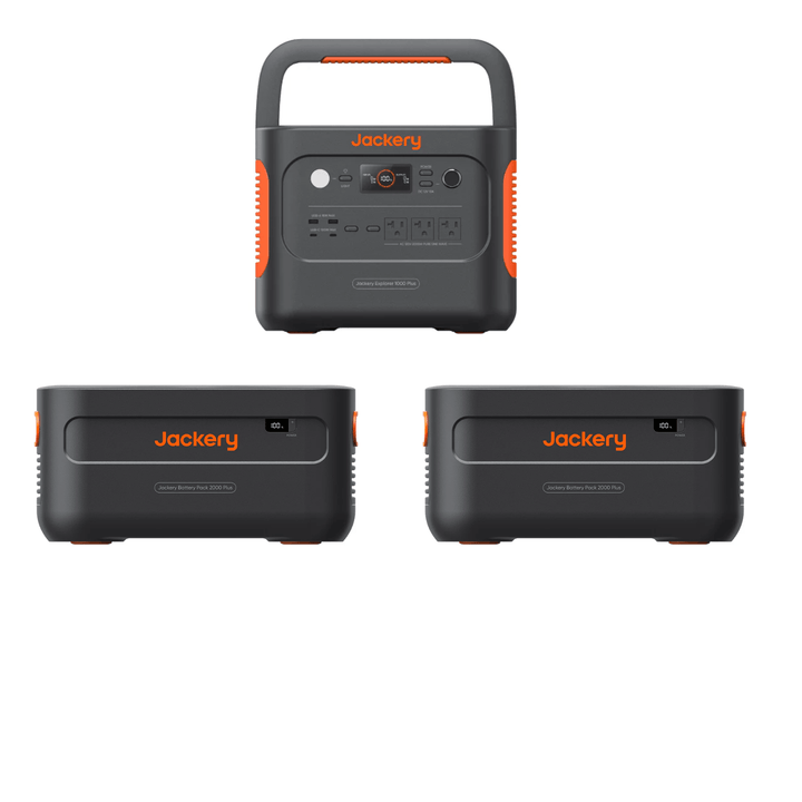 Jackery Explorer 2000 Plus portable power station with two E2000Plus batteries, outdoor emergency energy supply and charging station.