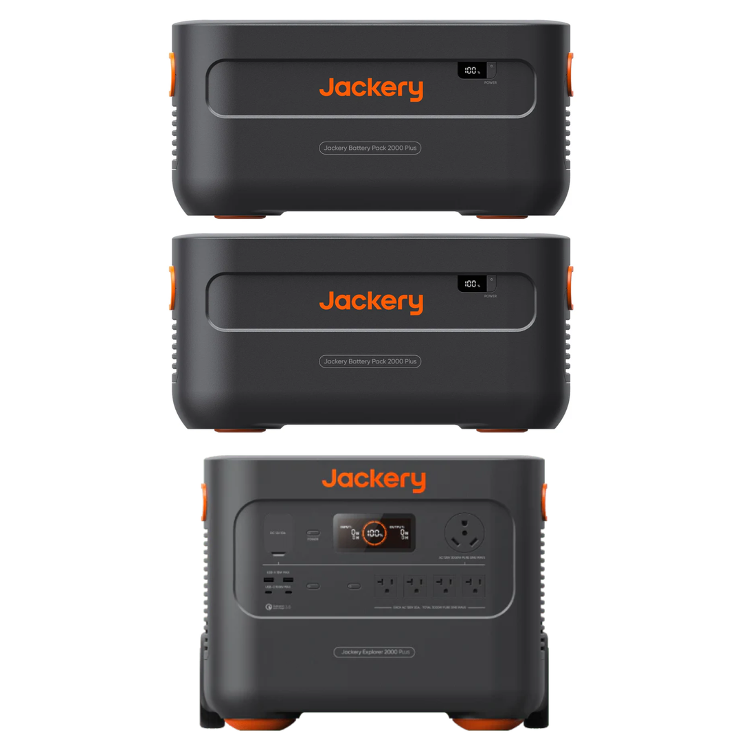 Jackery Explorer 2000 Plus portable power station with two E2000Plus batteries, showing compact design and multiple charging ports.