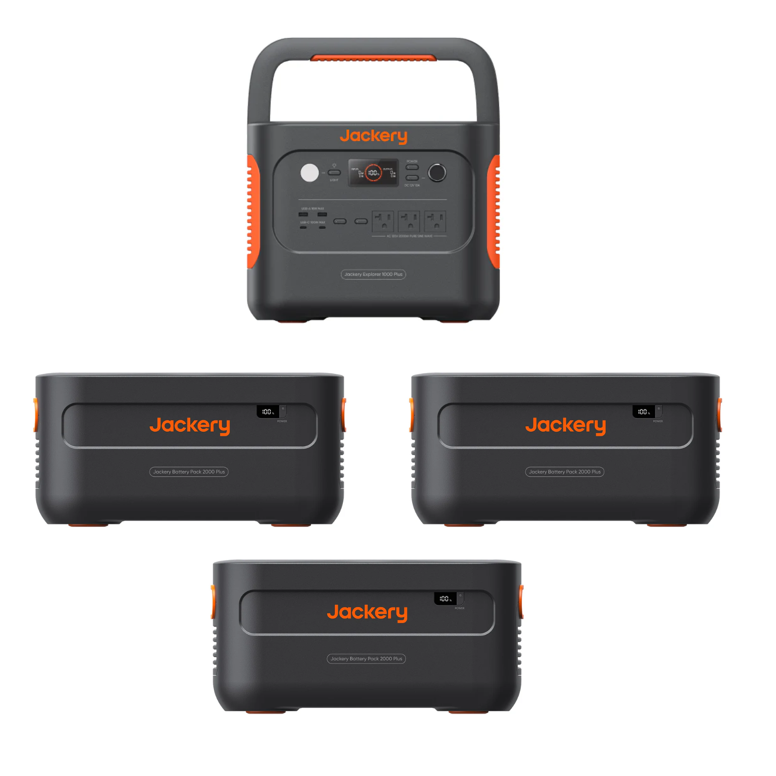 Jackery Explorer 2000 Plus portable power station with three E2000Plus batteries, outdoor energy supply for camping and emergencies.