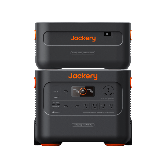 Jackery Explorer 2000 Plus portable power station with battery pack, showing digital display and multiple power outlets.