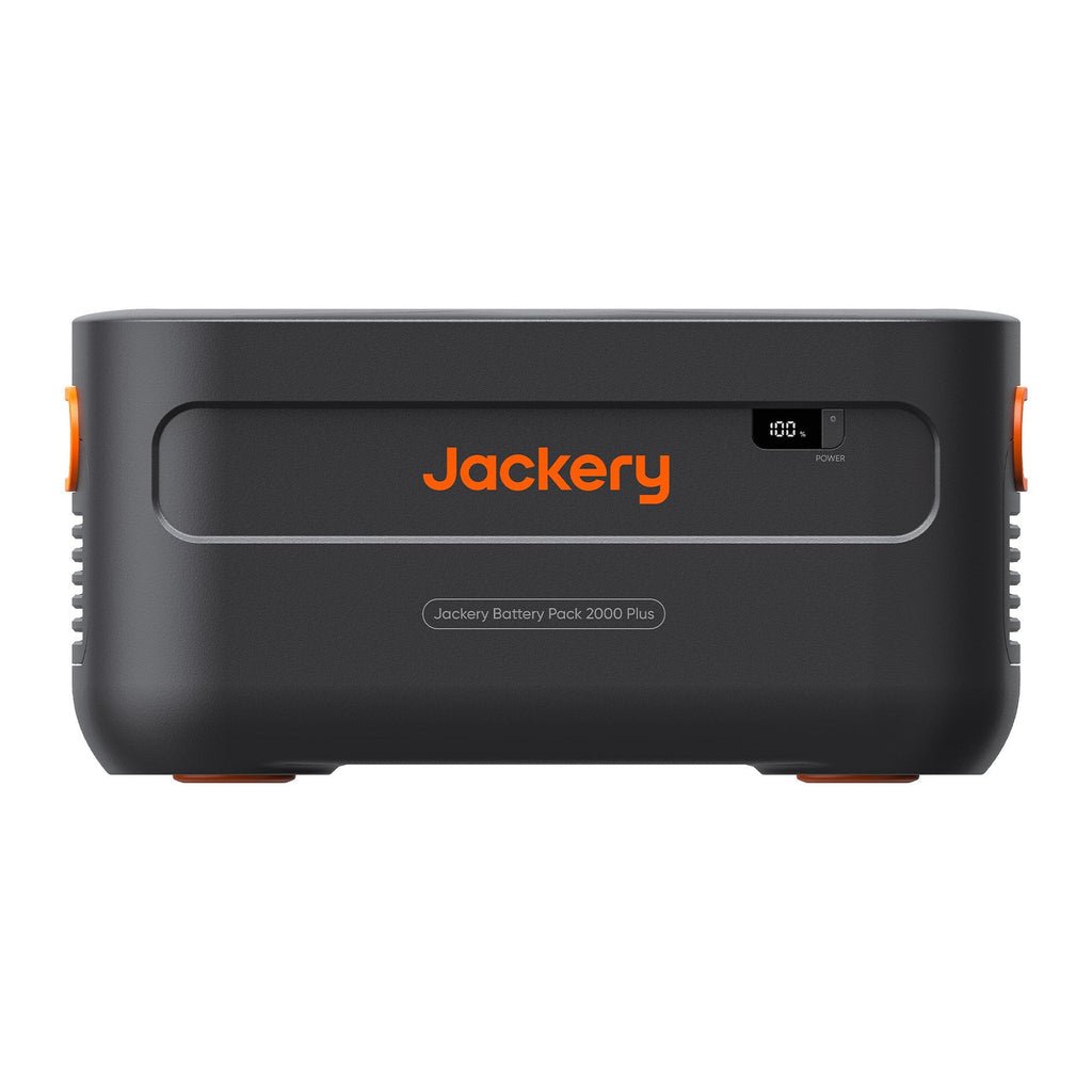 Jackery Explorer 2000 Plus portable power station with battery pack, featuring multiple outlets and a digital display.