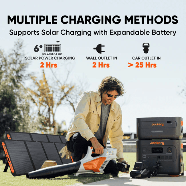 Jackery Explorer 2000 Plus portable power station with 2042.8Wh capacity and battery pack, black device with multiple ports and digital display.