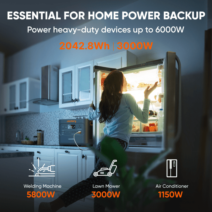 Jackery Explorer 2000 Plus portable power station with battery pack, featuring multiple outlets and digital display for emergency power.