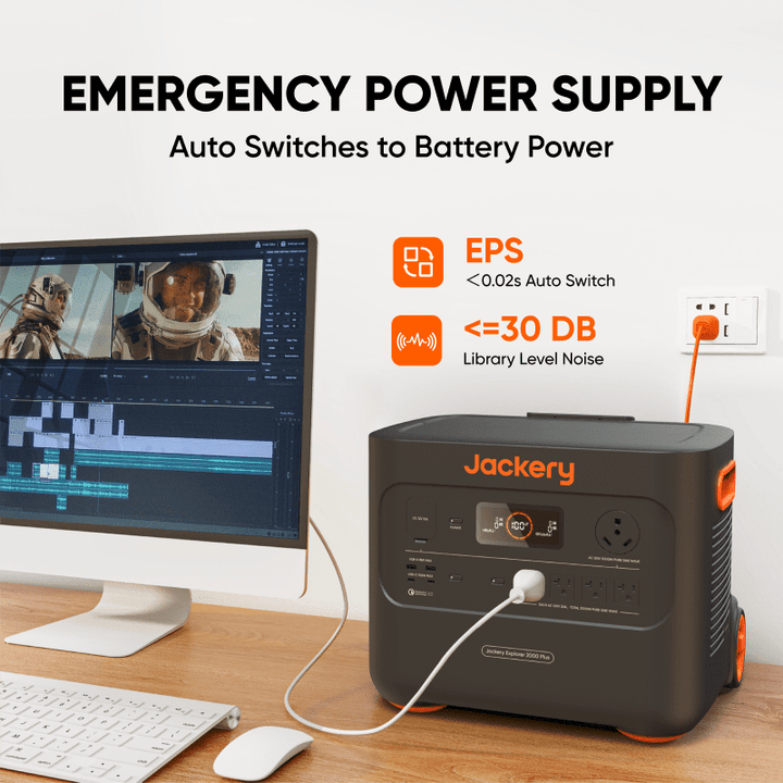 Jackery Explorer 2000 Plus portable power station with battery pack, showing multiple AC outlets and digital display.