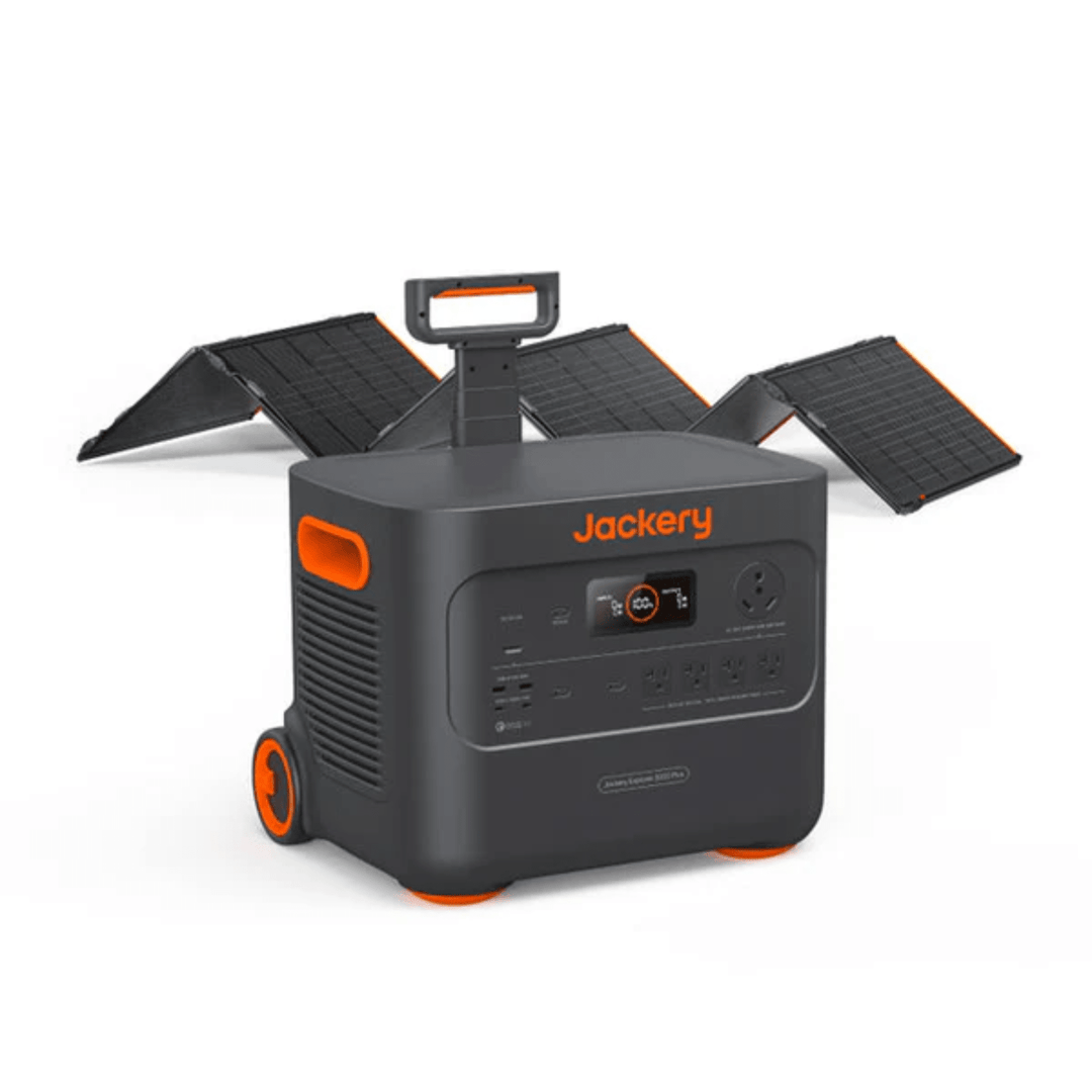 Jackery Explorer 2000 Plus portable power station with SolarSaga 500W solar panel, black device with display and solar panel in outdoor setting.