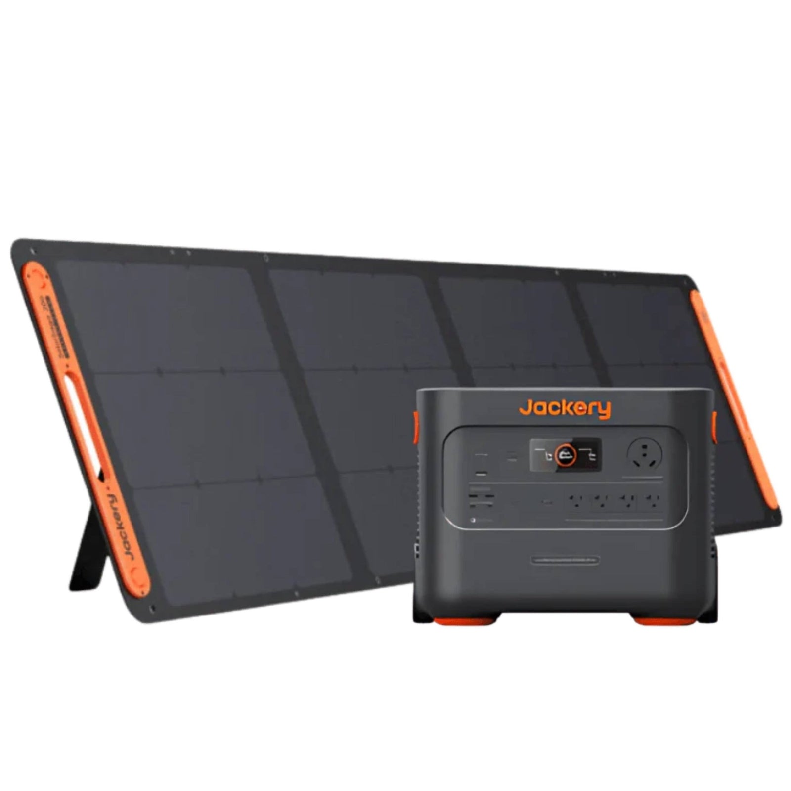 Jackery Explorer 2000 Plus portable power station with 2042.8Wh capacity and 200W solar panel for outdoor energy needs.