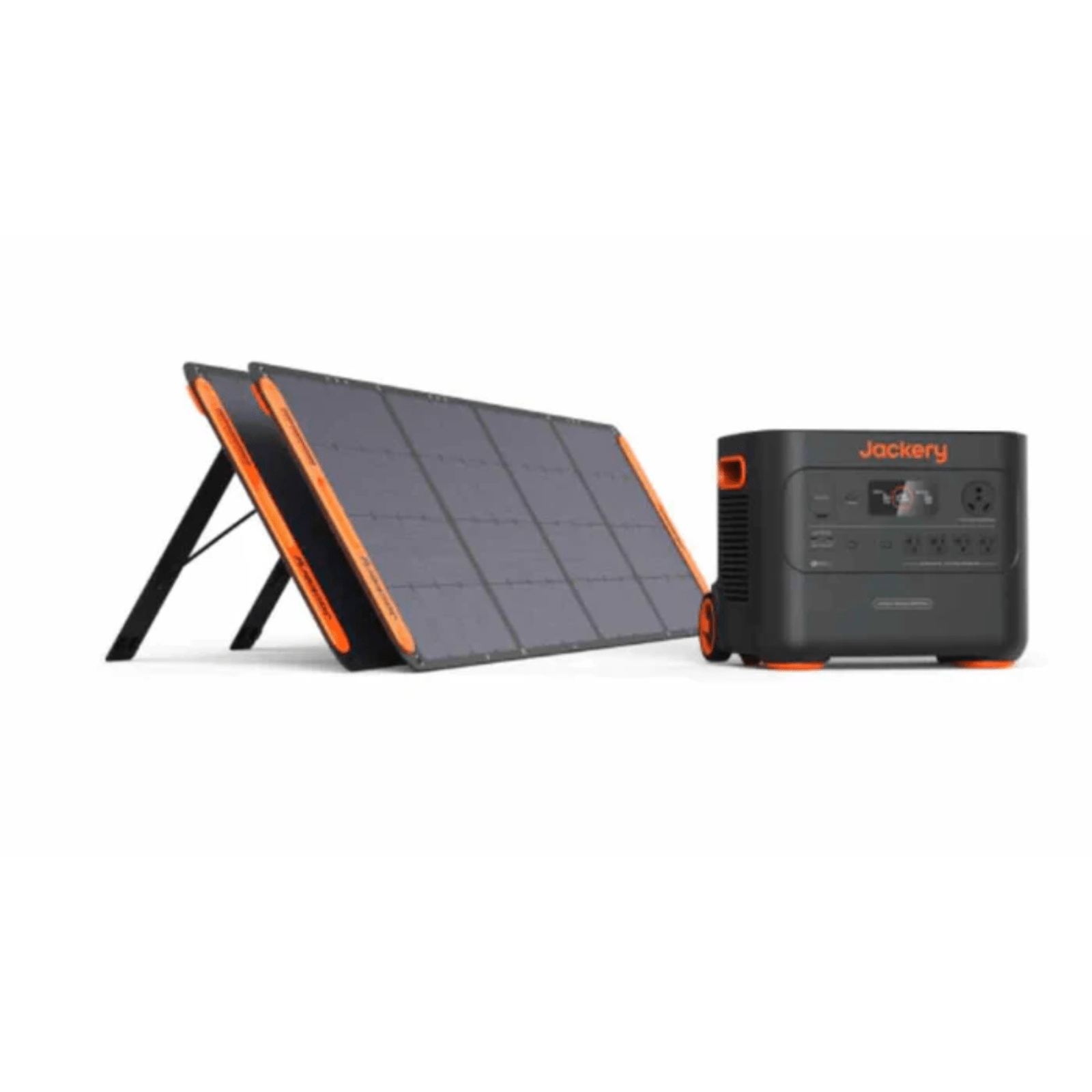 Jackery Explorer 2000 Plus portable solar generator with two SolarSaga 200W solar panels, showing power outlets and control panel.