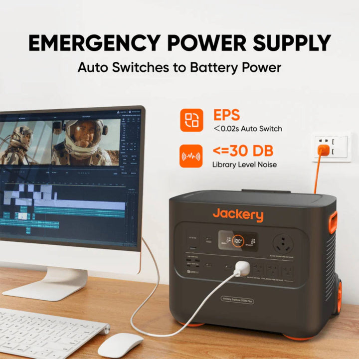 Jackery Explorer 2000 Plus portable solar generator kit with SolarSaga 500 X solar panel, showing the power station and panel setup.
