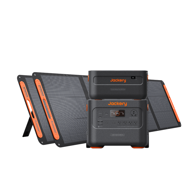 Jackery Explorer 2000 Plus portable solar generator kit with two SolarSaga 200W solar panels and a 4kWh power station.