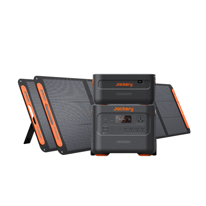 Jackery Explorer 2000 Plus portable solar generator kit with two SolarSaga 200W solar panels and a 4kWh power station.