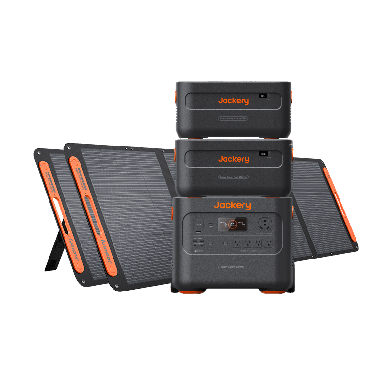 Jackery Explorer 2000 Plus portable solar generator kit with two 200W SolarSaga panels and a 4kWh capacity.