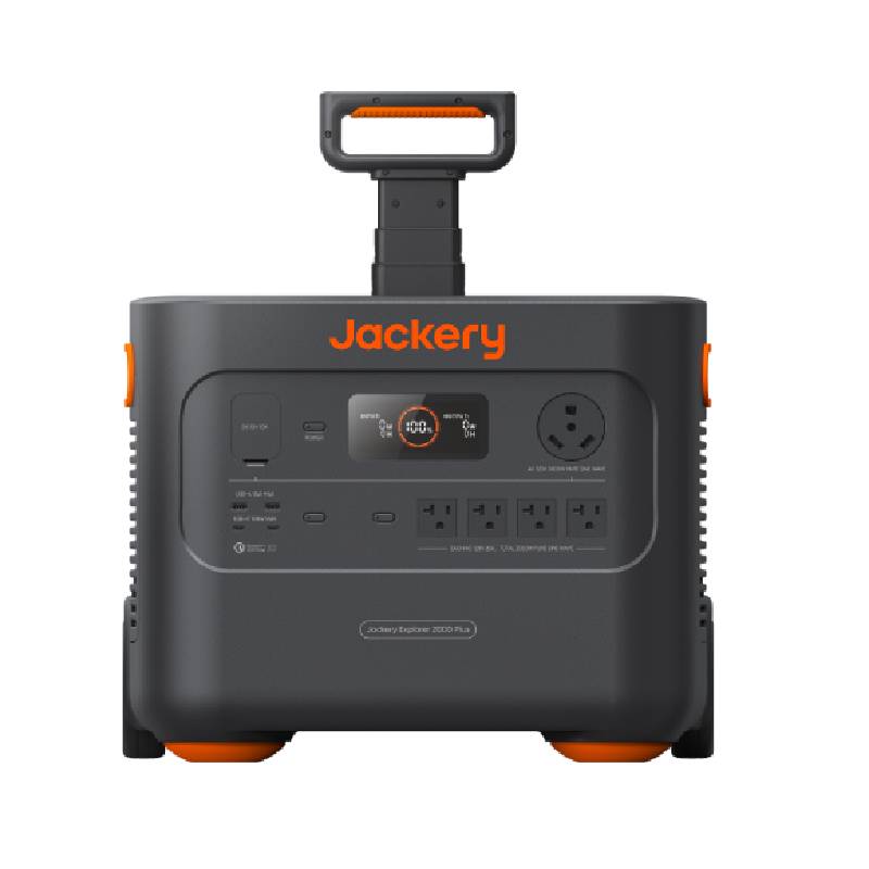 Jackery Explorer 2000 Plus portable solar power station with two SolarSaga 200W solar panels in a home setup.