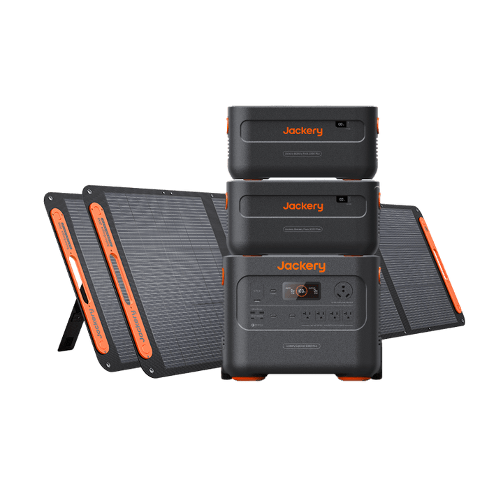 Jackery Explorer 2000 Plus portable power station with two SolarSaga 200W solar panels, outdoor energy generator kit.