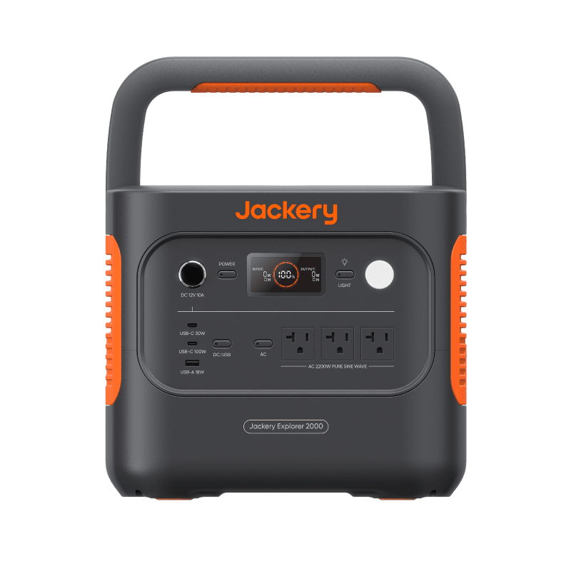 Jackery Explorer 2000 v2 portable power station with 2042Wh capacity and 400W solar input, black device with display panel and ports.