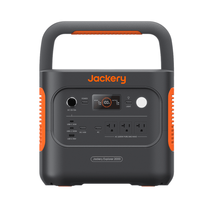 Jackery Explorer 2000 v2 portable power station with 2042Wh capacity and 400W solar input, black device with display panel and ports.
