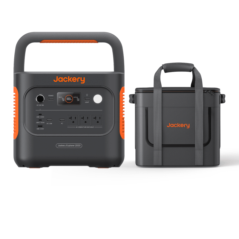 Jackery Explorer 2000 V2 portable power station with guard carrying bag, showing the compact design and multiple charging ports.