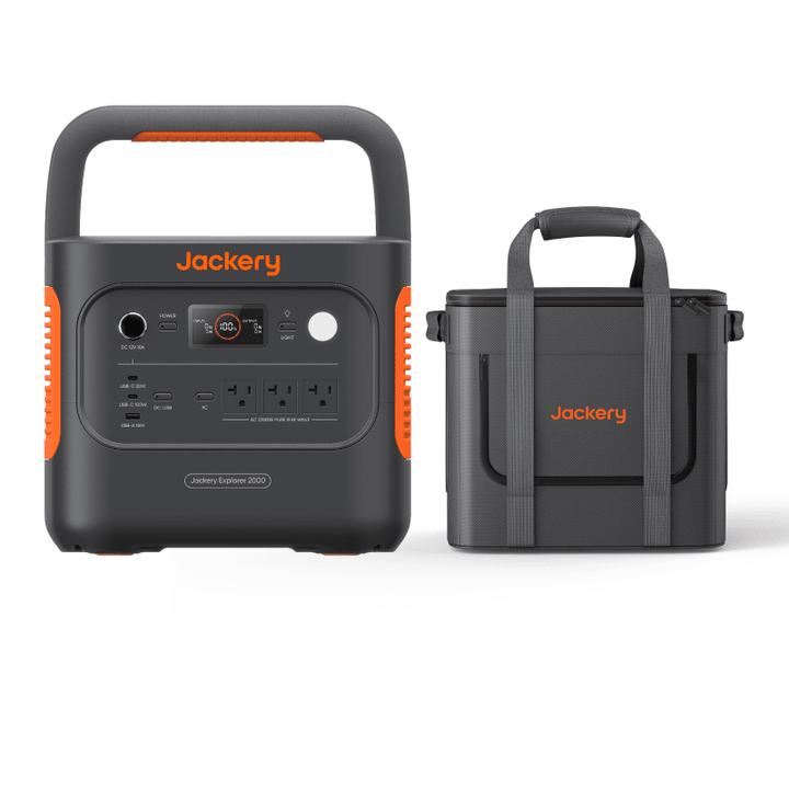 Jackery Explorer 2000 V2 portable power station with guard carrying bag, showing the compact design and multiple charging ports.