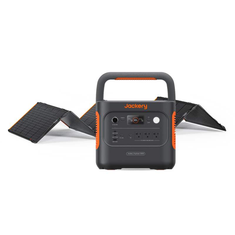 Jackery Explorer 2000 V2 portable power station with 2042Wh capacity and two SolarSaga 200W solar panels outdoors.