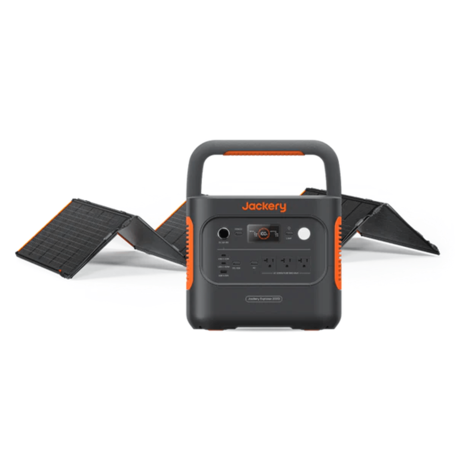 Jackery Explorer 2000 v2 portable power station with SolarSaga 200W solar panel for outdoor energy supply.
