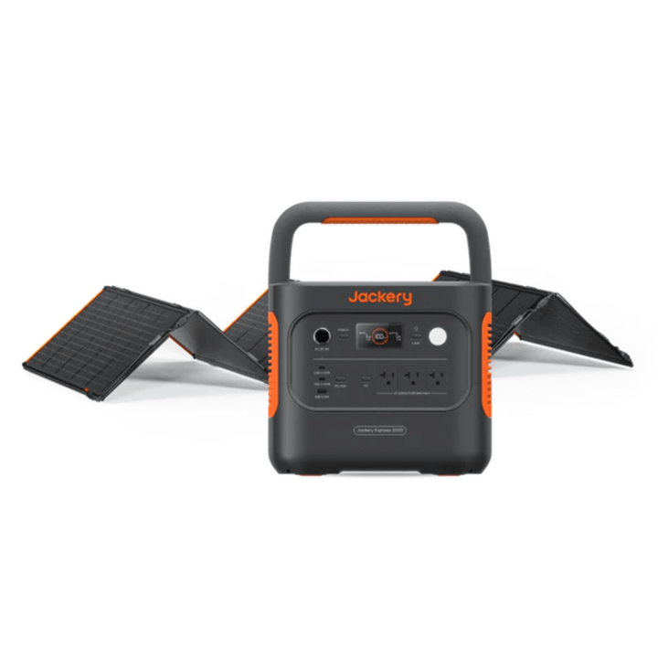 Jackery Explorer 2000 v2 portable power station with SolarSaga 200W solar panel for outdoor energy supply.