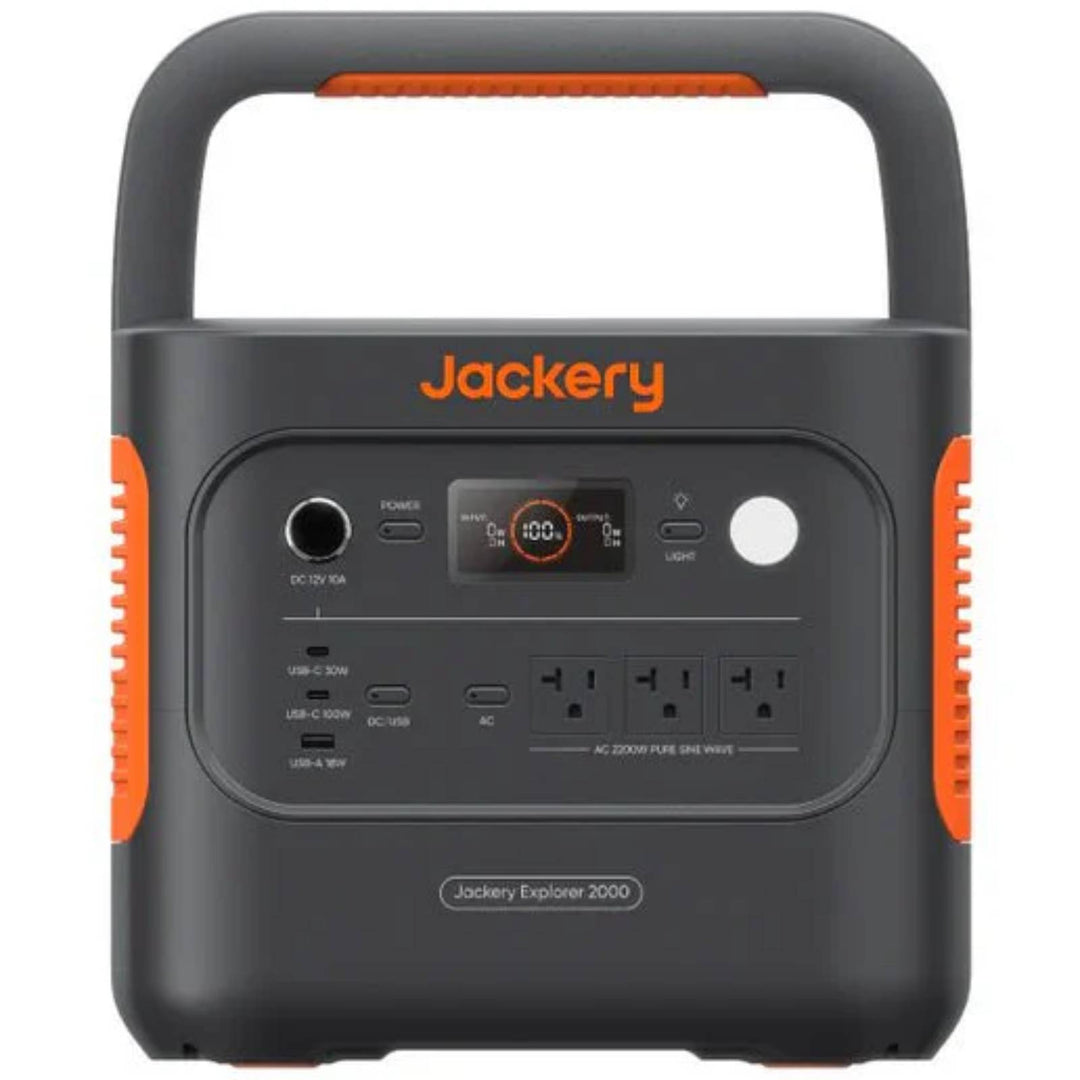 Jackery Explorer 2000 V2 portable power station with SolarSaga 500 X solar panel for outdoor charging and backup power.
