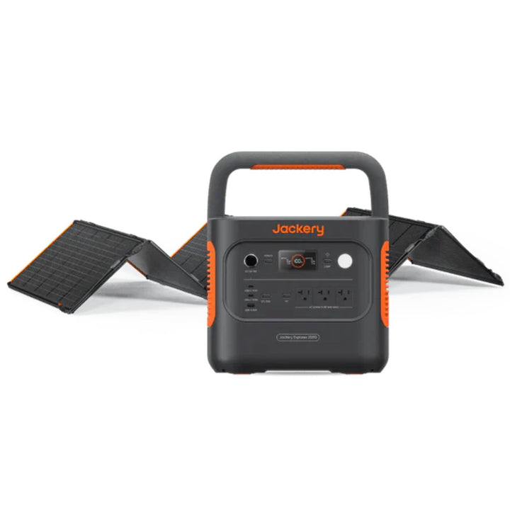 Jackery Explorer 2000 V2 portable solar generator with SolarSaga 500 X solar panel, showing multiple power outlets and compact design.