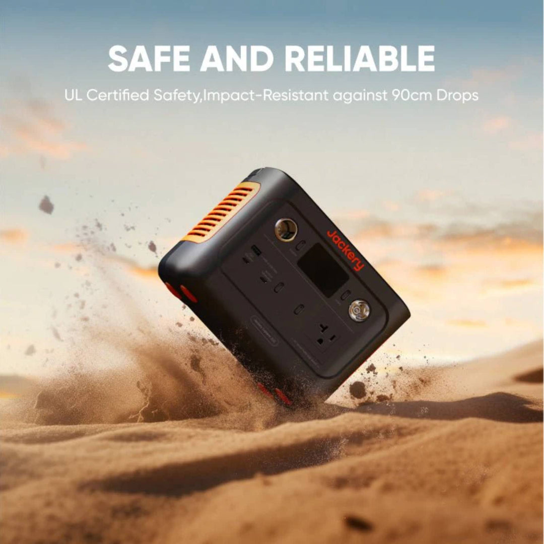 Jackery Explorer 240 v2 portable power station with handle, showing multiple outlets and digital display on a white background.