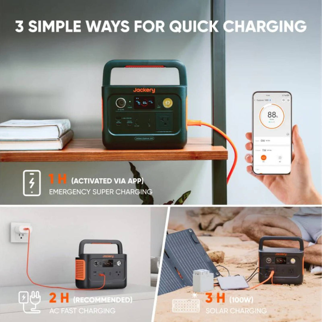 Jackery Explorer 240 v2 portable power station with handle and digital display, compact and lightweight for outdoor power needs.