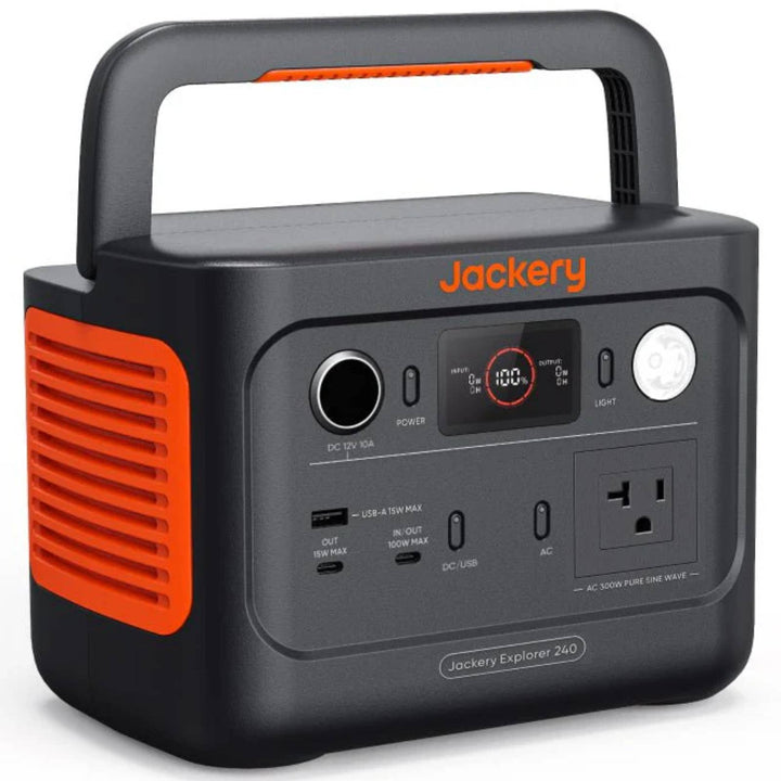 Jackery Explorer 240 v2 portable power station with multiple outlets and compact design, black and gray color, outdoor use.