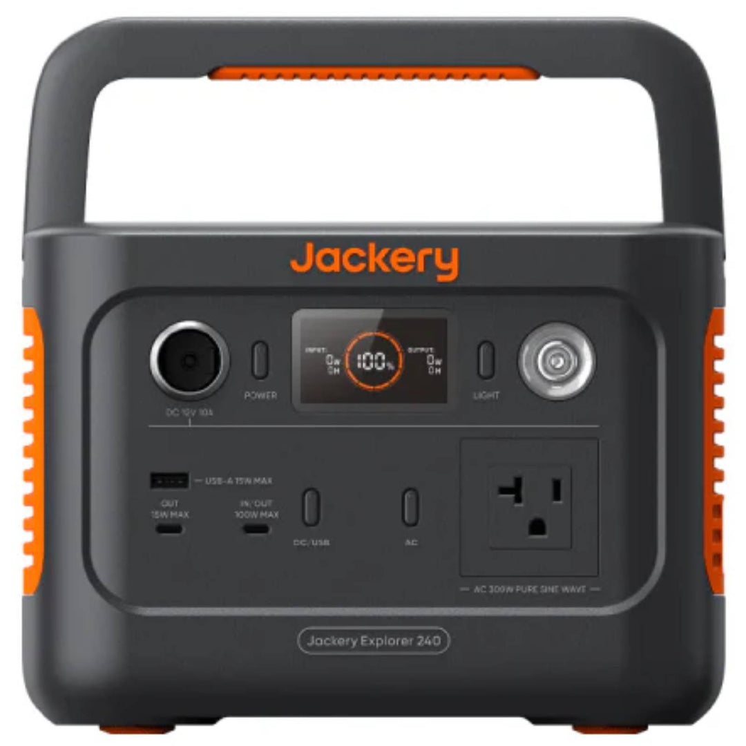 Jackery Explorer 240 v2 portable power station with handle, multiple outlets, and digital display for portable energy storage.
