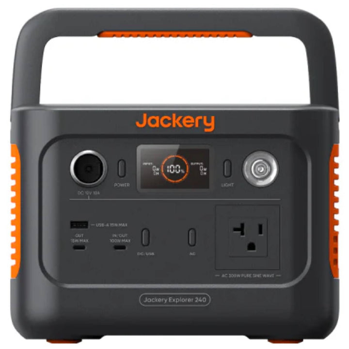 Jackery Explorer 240 v2 portable power station with handle, multiple outlets, and digital display for portable energy storage.