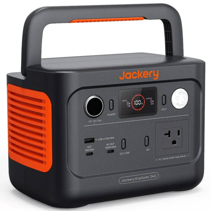 Jackery Explorer 240 V2 portable solar generator with SolarSaga 40W solar panel kit, outdoor power station for charging devices.