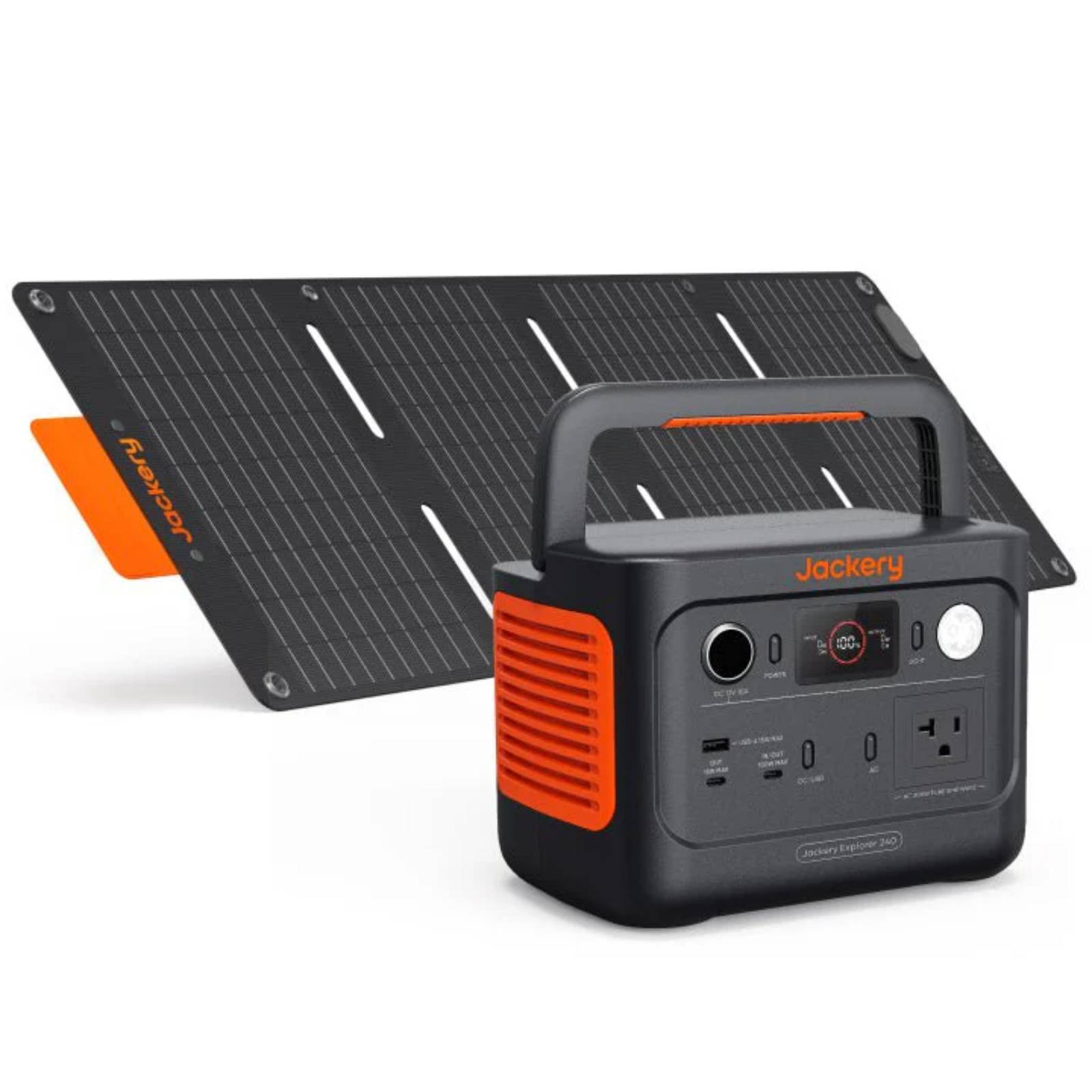 Jackery Explorer 240 V2 portable solar generator with SolarSaga 40W solar panel kit for outdoor power and charging needs.