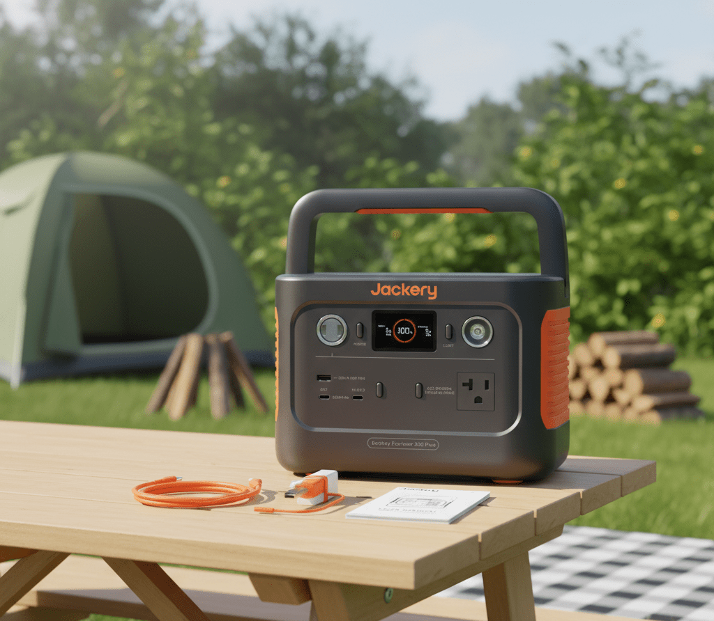 Jackery Explorer 300 Plus portable power station with 288Wh capacity, showing solar input ports and digital display.