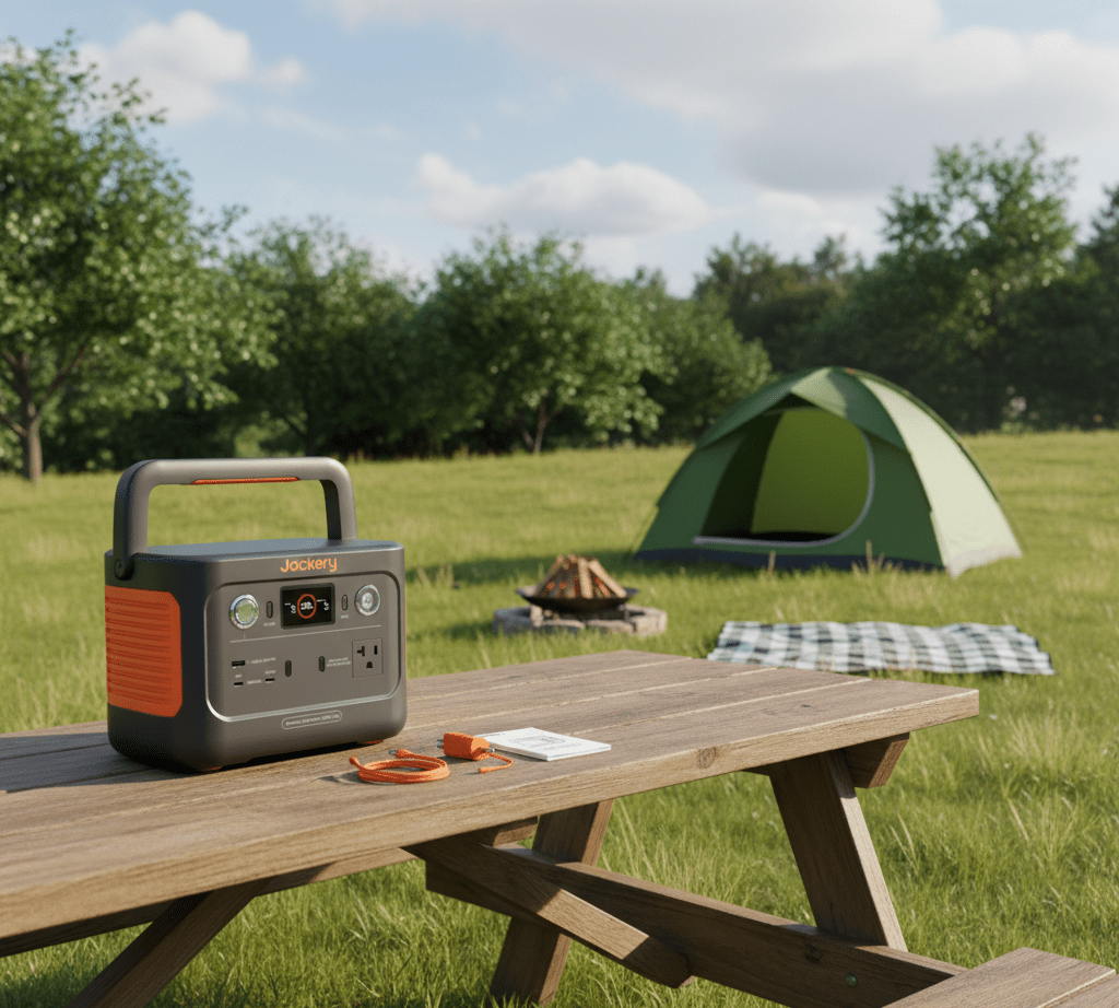 Jackery Explorer 300 Plus portable power station with 288Wh capacity, showing solar input ports and digital display.