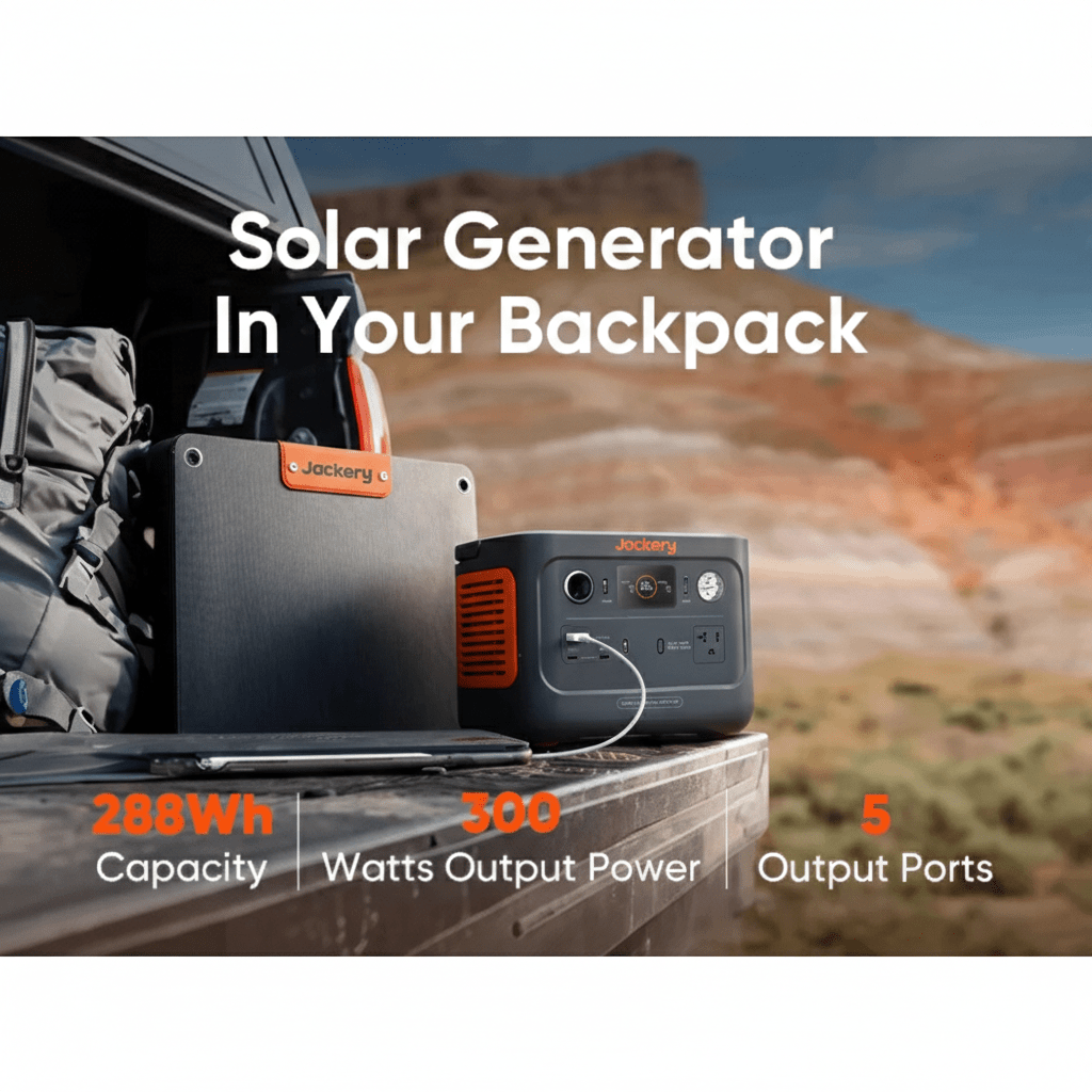 Jackery Explorer 300 Plus portable power station with 288Wh capacity, 300W output, and solar input for outdoor power needs.