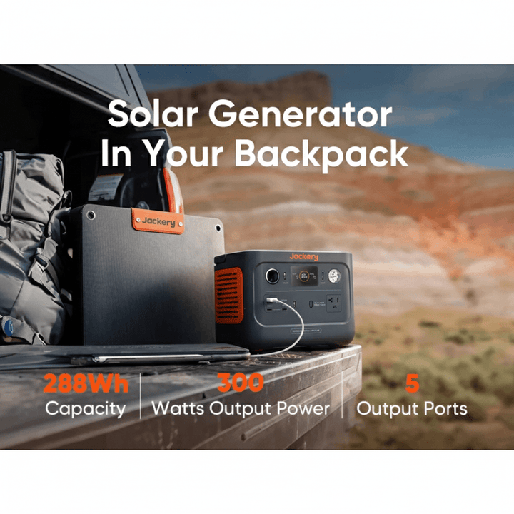 Jackery Explorer 300 Plus portable power station with 288Wh capacity, 300W output, and solar input for outdoor power needs.