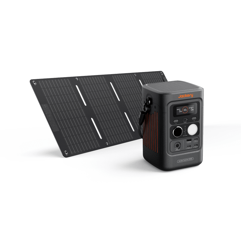 Jackery Explorer 300D portable power station with 288Wh capacity and SolarSaga 40W solar panel for outdoor charging.