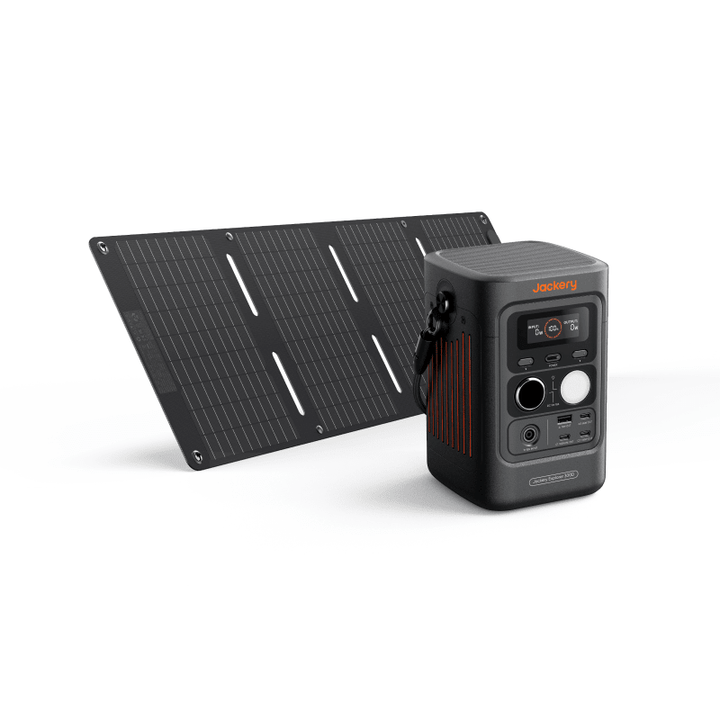 Jackery Explorer 300D portable power station with 288Wh capacity and SolarSaga 40W solar panel for outdoor charging.
