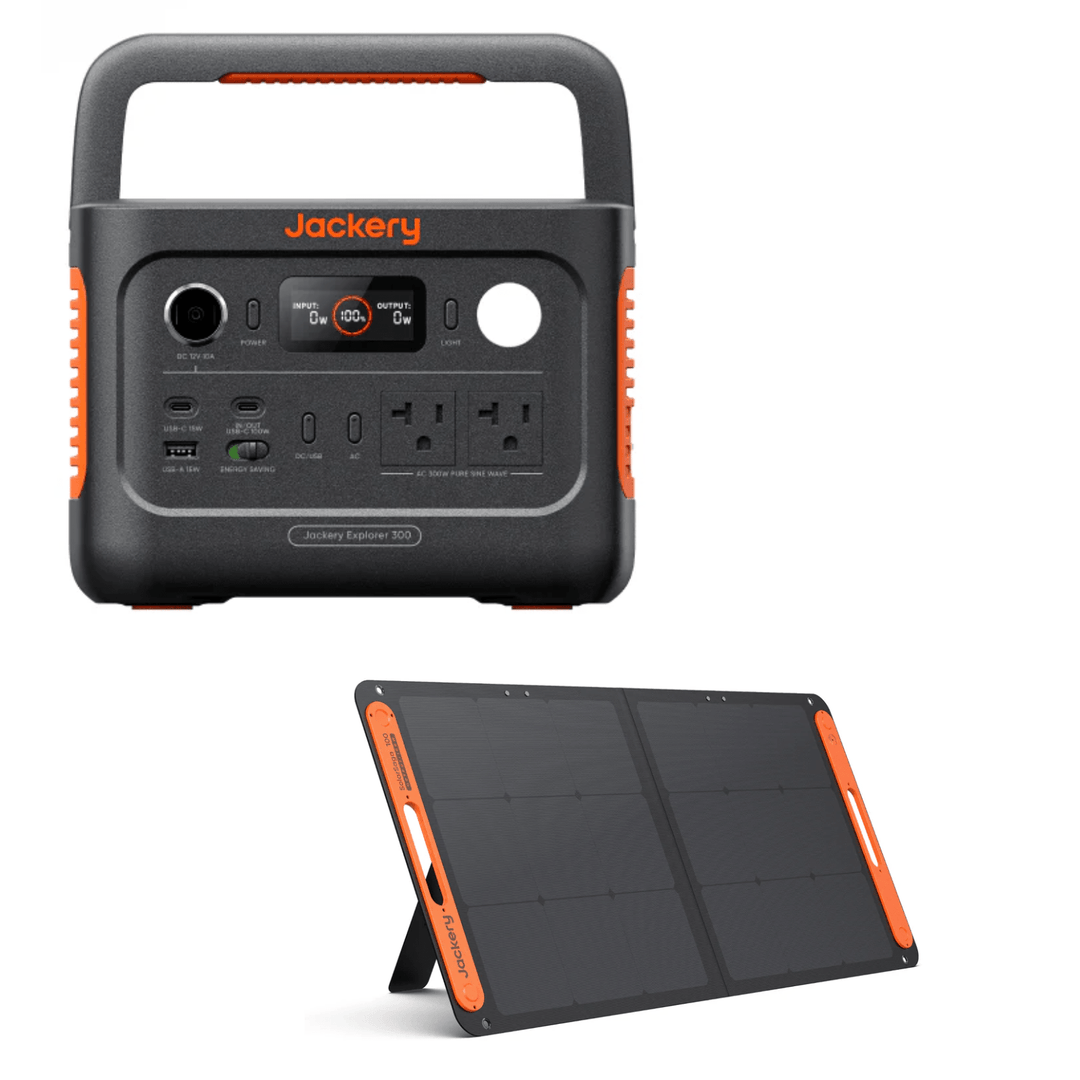 Jackery Explorer 300v2 portable power station with 100W solar panel, showing compact design and multiple output ports.
