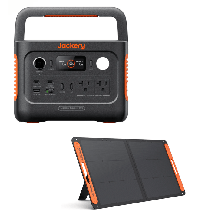 Jackery Explorer 300v2 portable power station with 100W solar panel, showing compact design and multiple output ports.