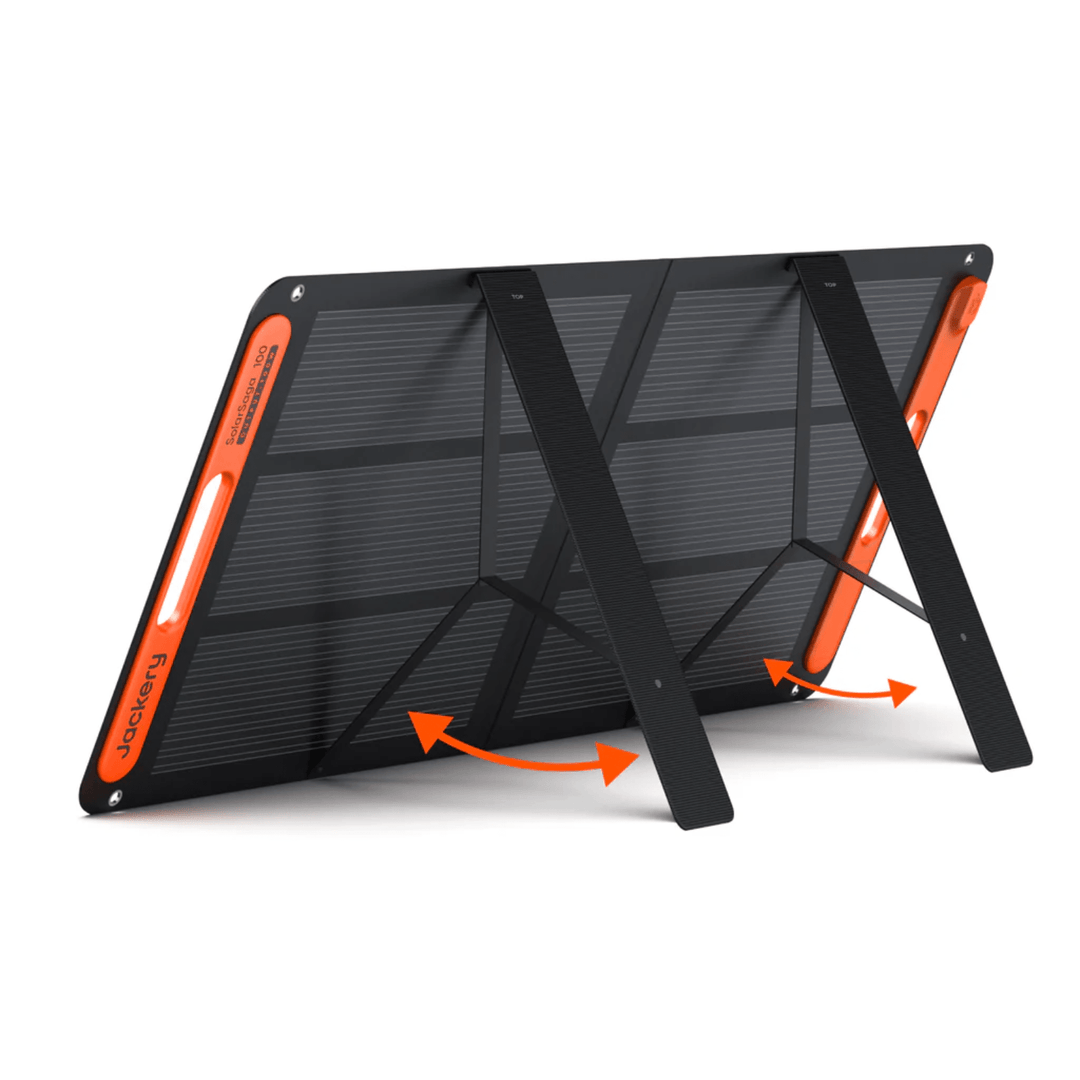 Jackery Explorer 300v2 portable power station with 100W solar panel, showing the compact device and solar panel setup for portable energy.
