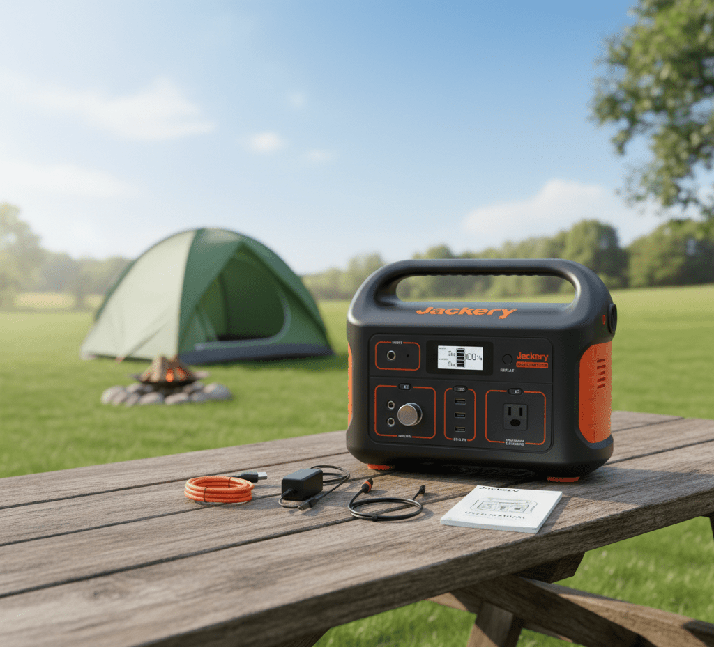 Jackery Explorer 500 portable power station with 518Wh capacity and 100W solar input, suitable for outdoor charging and emergency power.