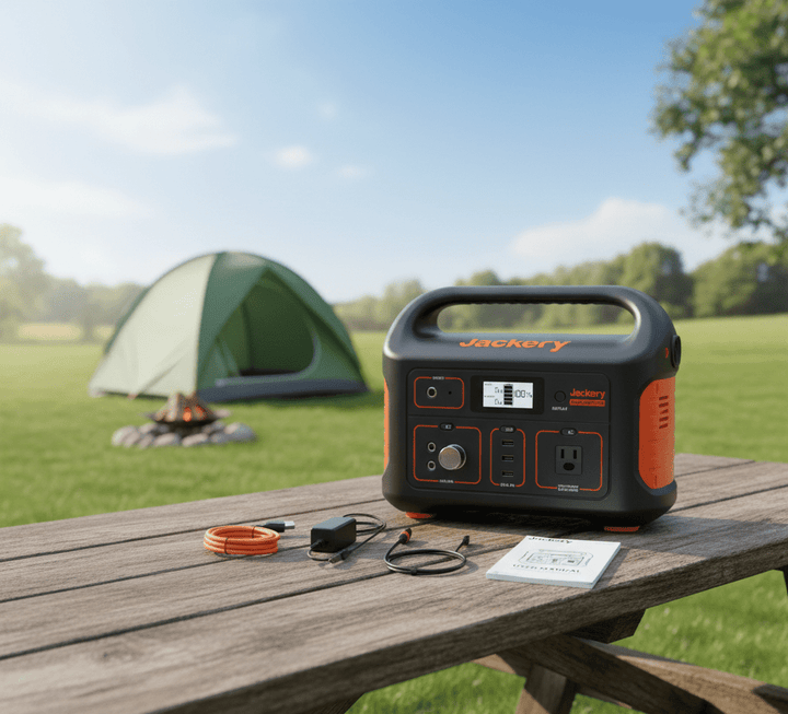 Jackery Explorer 500 portable power station with 518Wh capacity and 100W solar input, suitable for outdoor charging and emergency power.