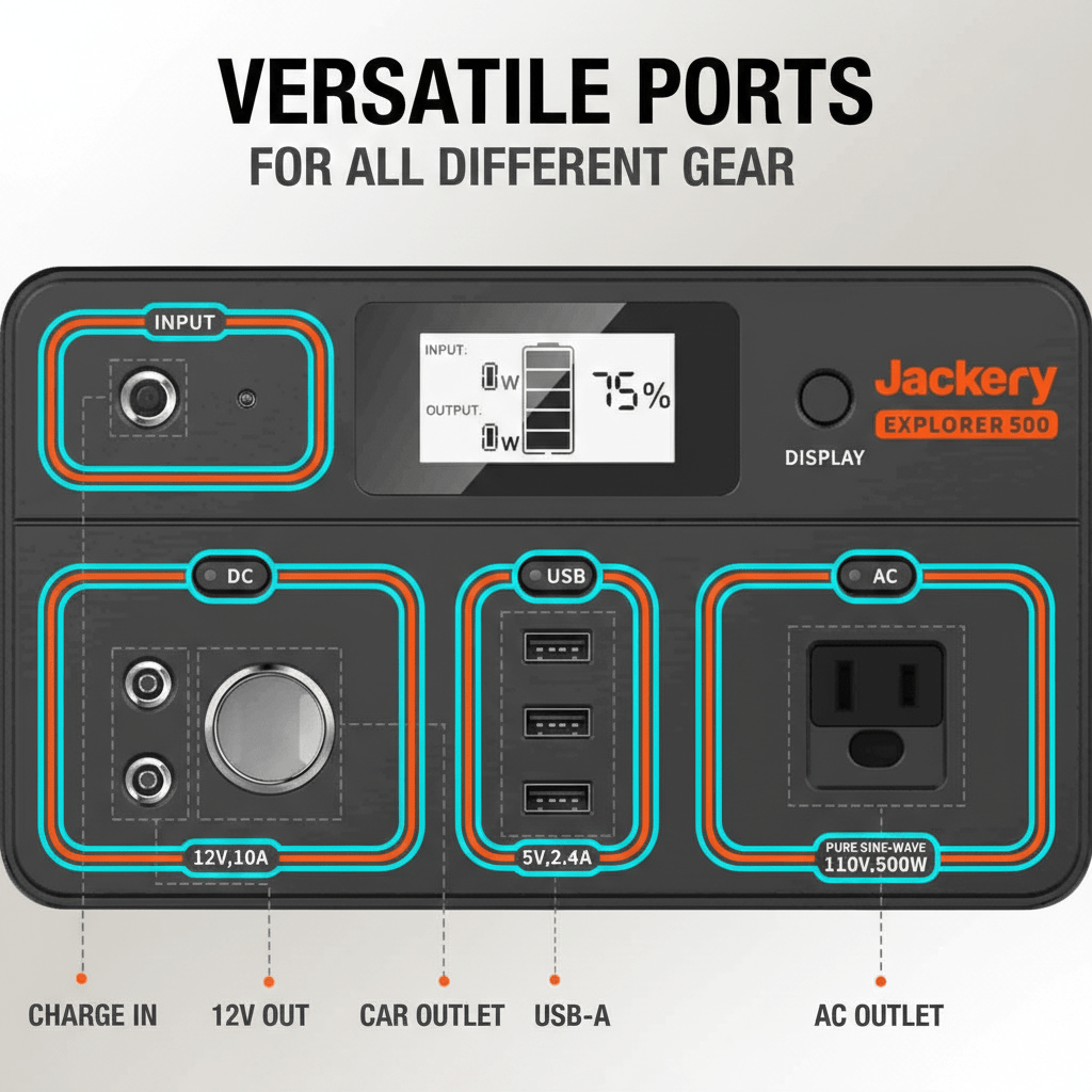 Jackery Explorer 500 portable power station with 518Wh capacity and 100W solar input, showing the device and solar panel connectors.
