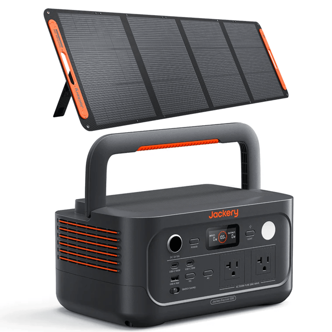 Jackery Explorer 500 V2 portable power station with 200W solar panel for outdoor backup power and energy storage.