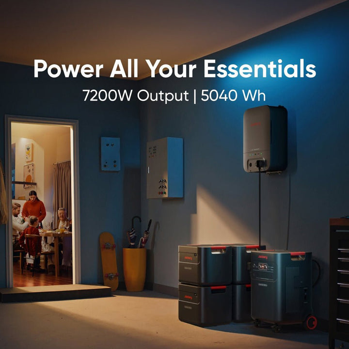 Jackery Explorer 5000 Plus portable power station with 10kWh battery pack and smart transfer switch, shown with multiple outlets and handle