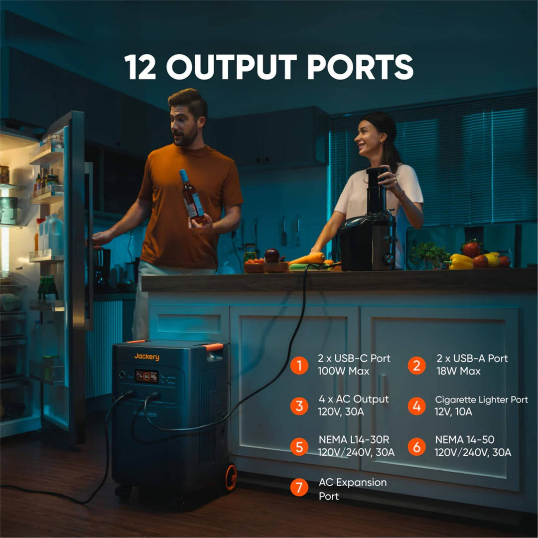 Jackery Explorer 5000 Plus Double Kit 10kWh portable power station with multiple ports and digital display, black and gray design.