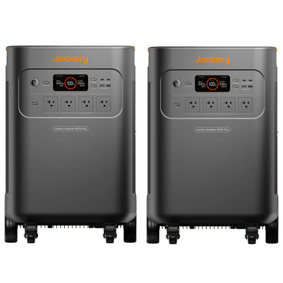 Jackery Explorer 5000 Plus Double Kit portable power station with two units and 10kWh capacity for reliable outdoor power.