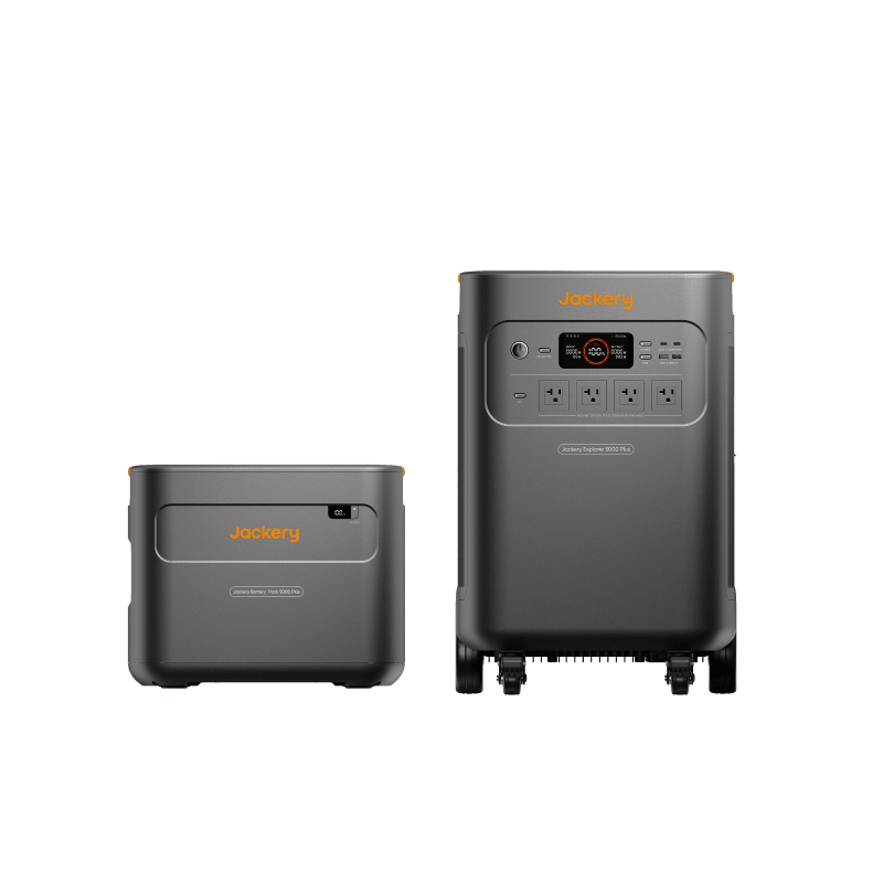 Jackery Explorer 5000 Plus portable power station with 5040Wh capacity and 5K extra battery, showing multiple power outlets and digital display.